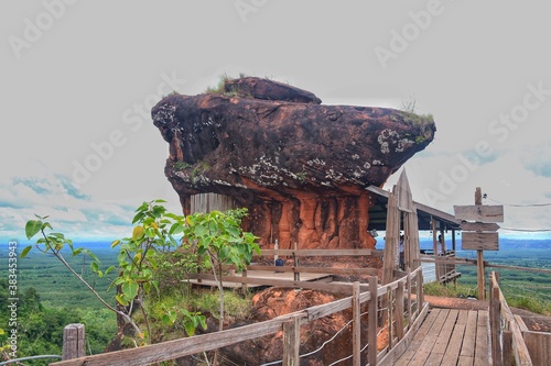 Wooden walkway on sandstone mountains at Phu thok temple Sri Wilai district Bueng Kan, Thailand. photo