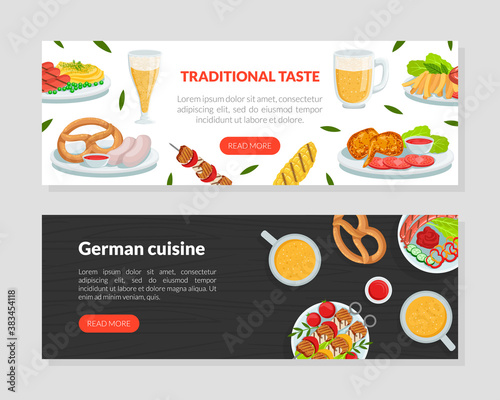 German Cuisine Landing Page Template, Traditional Taste, Oktoberfest Beer Festival Website Vector Illustration