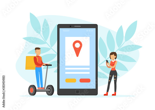 Express Delivery Service, Order Online, Logistics, Man Delivering Package on Hover Board Cartoon Vector Illustration