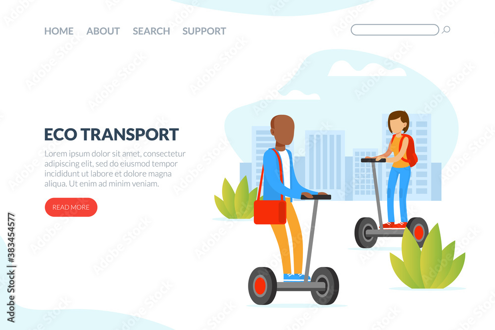 Eco Transport Landing Page Template, People Riding Hoverboards on City Street Outdoors Vector Illustration Eco Transport Landing Page Template, People Riding Hoverboards on City Street Outdoors Vector Illustration