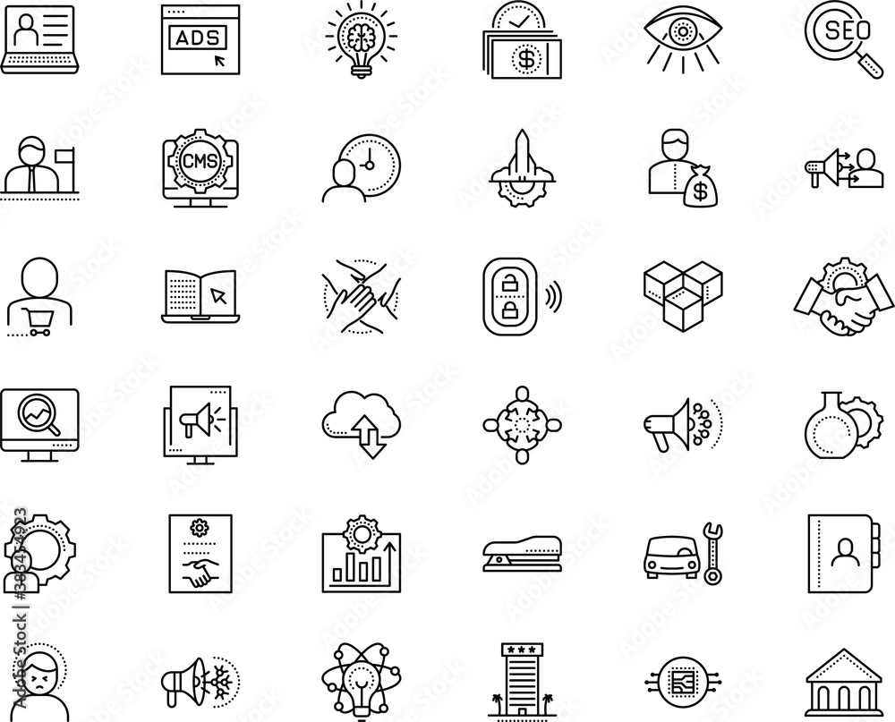 business vector icon set such as: invention, filter, disease, directory, cubes, queue, model, tired, professional, key, financial manager, stylish, travel, stapler, hand, woman, maintenance