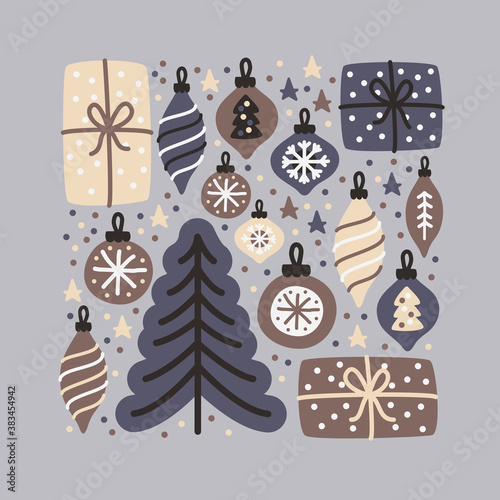 Cute Cozy Little Christmas background with hand drawn Christmas elements