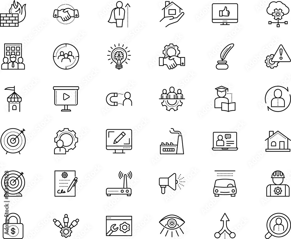 business vector icon set such as: paper, plan, medieval, inspiration, speech, science, automobile, media, speaker, seminar, antivirus, automotive, bulb, perfection, switch, mind, start, linear