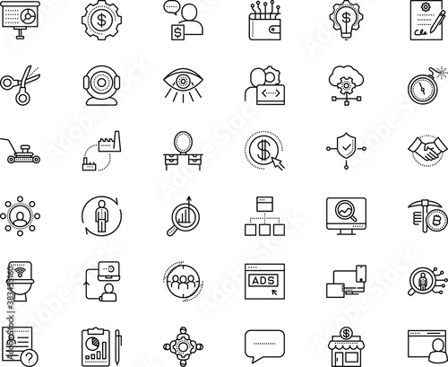 business vector icon set such as: bar, options, lamp, storage, choice, ideas, solution, webmaster, view, browser, safe, laptop, money making, technical, server, sales, effective, timer, board