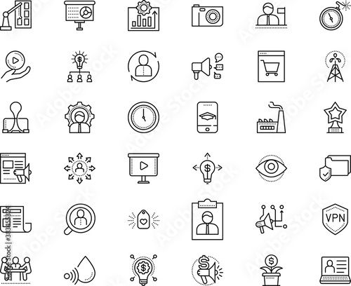 business vector icon set such as: photography, permanent recruitment, press, crane, entrepreneurship, medal, manage, lamp, basket, sale, game, flag, photograph, paperclip, production, wall, check