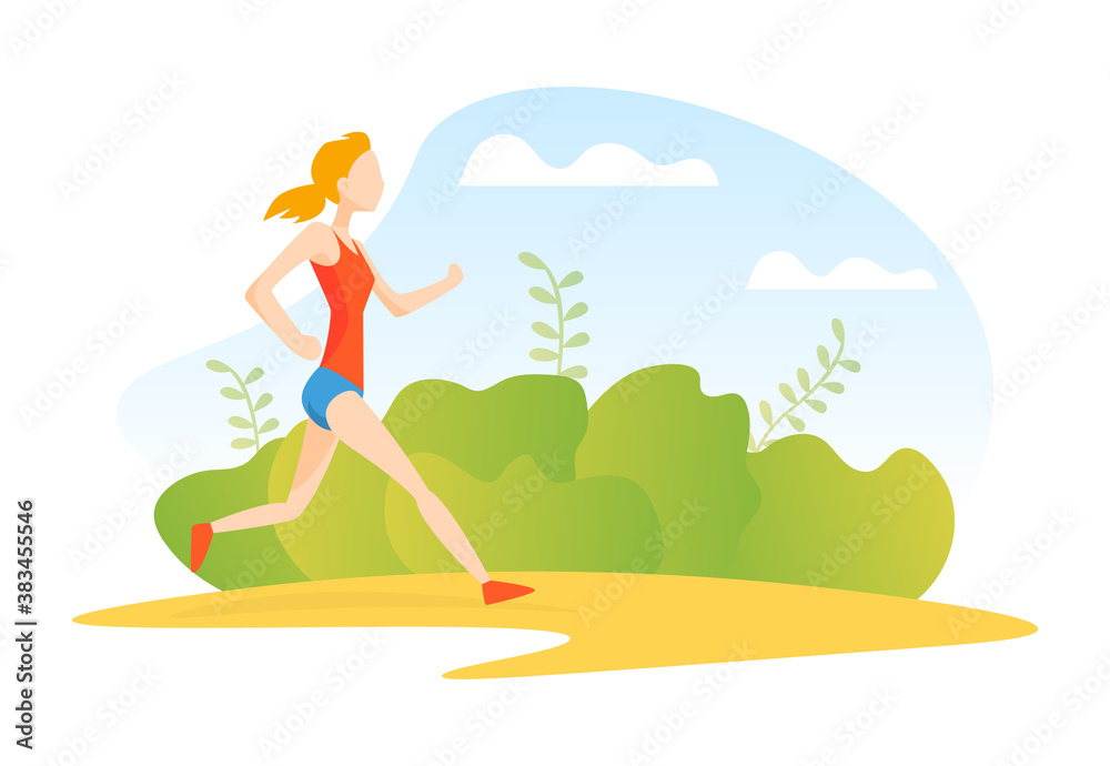 Young Woman Jogging or Running in Park, Girl Dressed in Sportswear Taking Part in Sports Competition, Outdoor Morning Workout, Healthy Active Lifestyle Vector Illustration