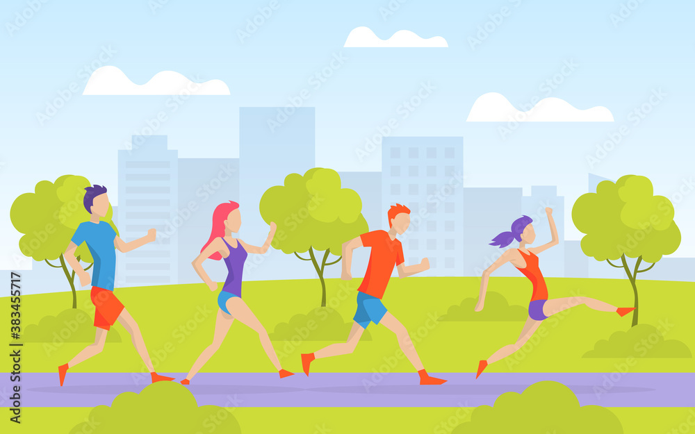 Young Man and Woman Running in Park, People Dressed in Sportswear Taking Part in Sports Competition or Marathon, Outdoor Morning Workout Vector Illustration
