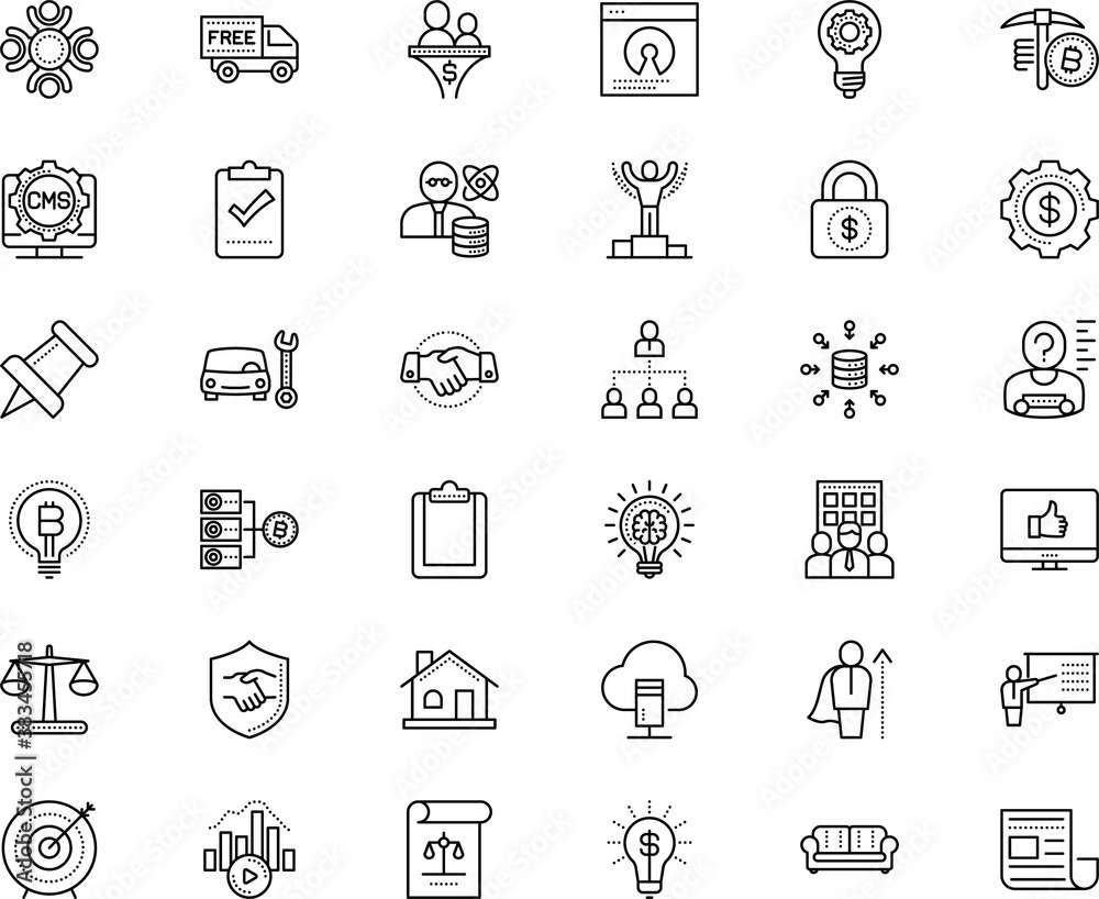 business vector icon set such as: growth, training, staff, bitrate, lightspot, bookkeeping, van, comfort, cash, creativity, standing, daily, seat, delivery, display, income, thinking, choice, luxury