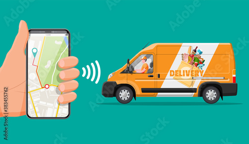 Delivery van full of food and smartphone. Concept of fast grocery delivery service. Supermarket, cafe, restaurant. Groceries products, bread, meat milk fruit vegetable drinks. Flat vector illustration