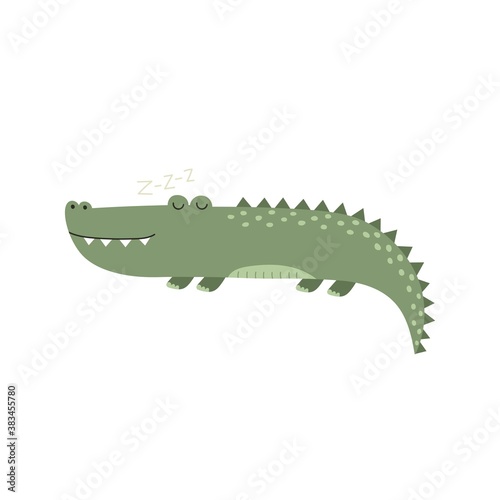Cute sleeping alligator isolated element. Funny crocodile character