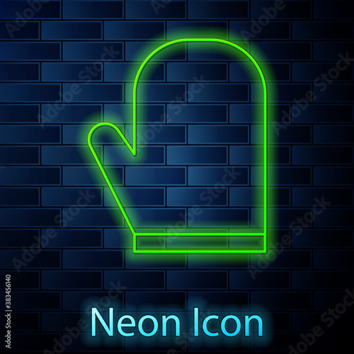 Glowing neon line Oven glove icon isolated on brick wall background. Kitchen potholder sign. Cooking glove. Vector Illustration.