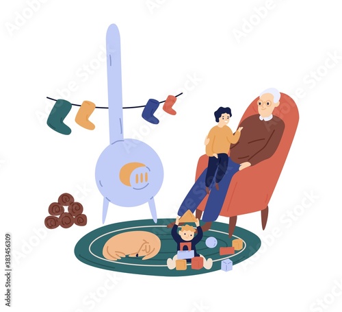Grandfather spend time with grandchild at Christmas eve vector flat illustrat...