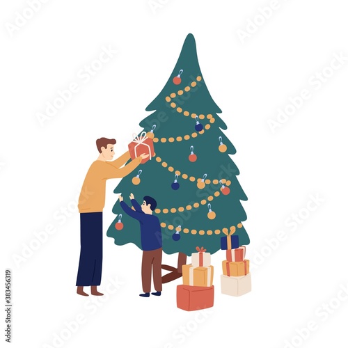 Father giving festive gift box to cute little son near Christmas tree vector ...