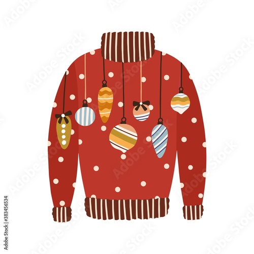 Cute red comfortable sweater decorated with Christmas tree baubles and toys v...