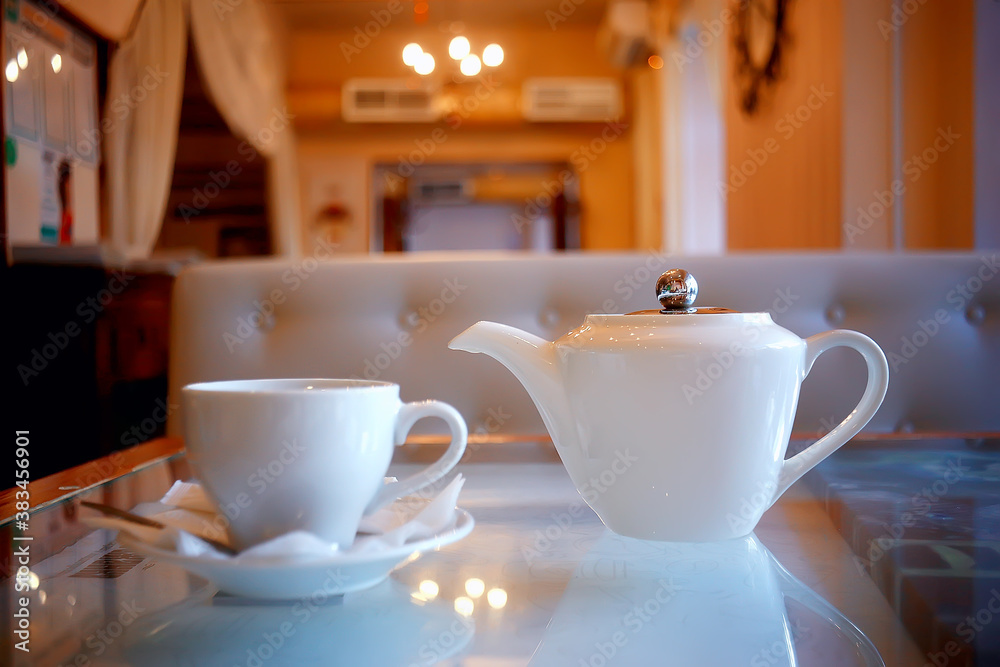 breakfast in a cafe, interior morning food hotel, teapot and cup serving restaurant