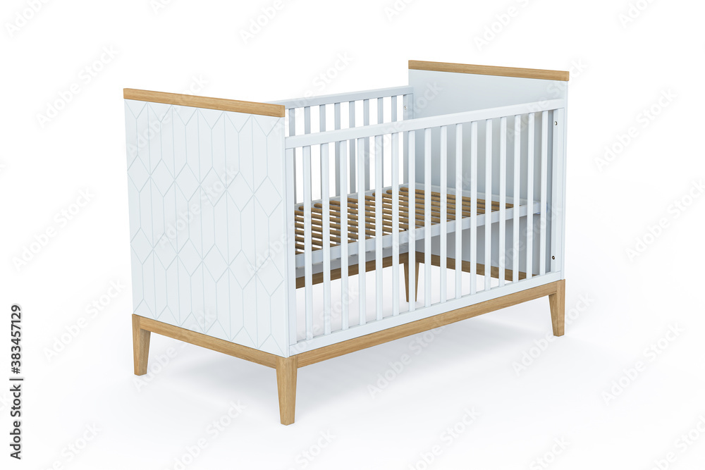 3D illustration. White modern design crib for kids isolated on white background. Baby cot with brown solid wood legs. Geometric ornament pattern on the side of the bed. Scandinavian style. 3D illustration. White modern design crib for kids isolated on white background. Baby cot with brown solid wood legs. Geometric ornament pattern on the side of the bed. Scandinavian style.