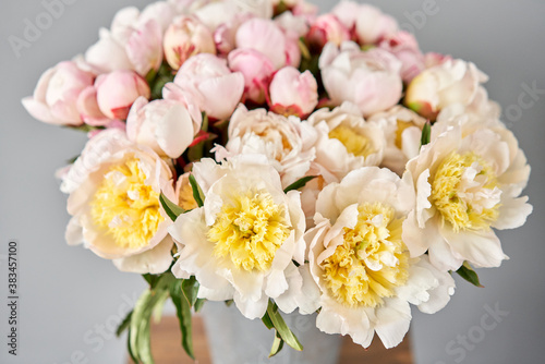 Beautiful white peony flower for catalog or online store. Floral shop concept . Beautiful fresh cut bouquet. Flowers delivery