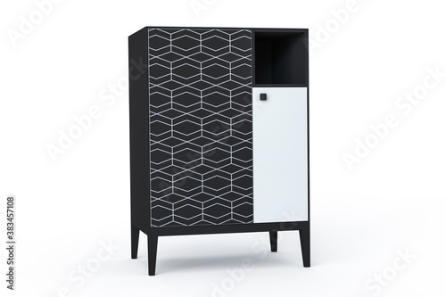 3D illustration. Black and white modern design cupboard isolated on white background. Furniture with open shelves for books. Geometric ornament pattern on door. Scandinavian style.