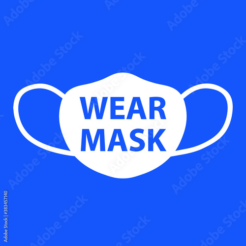 Social distancing concept for preventing coronavirus covid-19 with wording ware mask on blue background. warning or caution sign. 