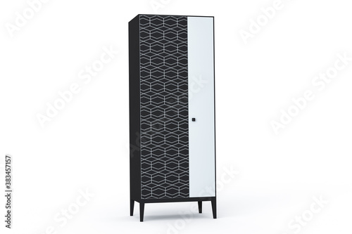3D illustration. Black and white modern design cupboard isolated on white background. Furniture with open shelves for books. Geometric ornament pattern on door. Scandinavian style.