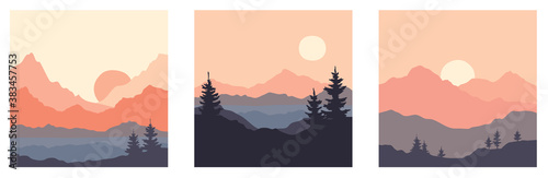 Abstract landscape with mountains and firs. Three vector illustrations. Twilight, sunset. 