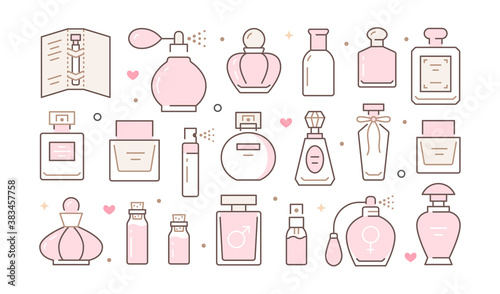Perfume bottles horizontal poster with pink line icons. Vector horizontal illustration included icon glass sprayer, luxury parfum, essential oil, outline pictogram for cosmetic store flyer, brochure