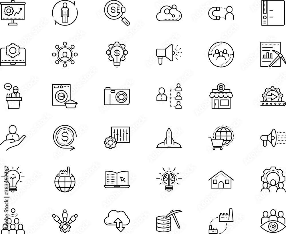 business vector icon set such as: targeted, row, solve, heavy, study, retro, planet, education, bank, development, department, camera, infographic, film, recruitment, microphone, partner