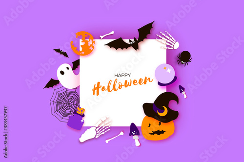 Happy Halloween party. Mystical night with Pumpkin, bat, bones, ghost. Trick or treat. Square frame. Space for text. Paper craft art