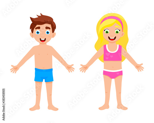 My body poster. Cute kids girl and boy shows his body parts medical anatomy chart placard or poster flat style cartoon vector illustration isolated on white background.