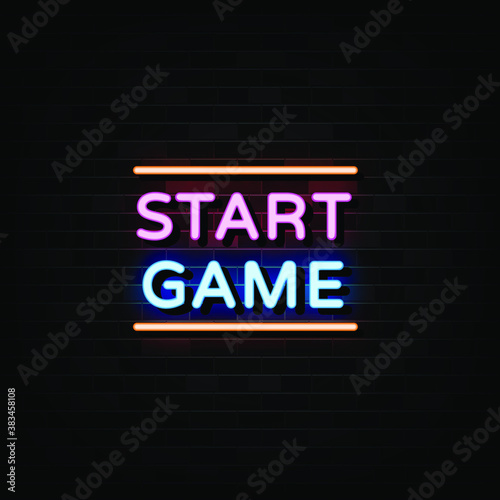 Start game neon sign, design element, light banner, announcement neon signboard.