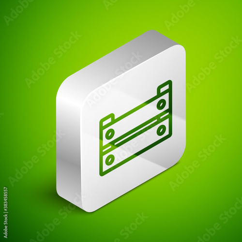 Isometric line Wooden box icon isolated on green background. Grocery basket, storehouse crate. Empty wooden container for vegetables, products. Silver square button. Vector.