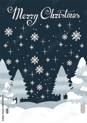 Merry christmas and happy new year postcard. Winter forest landscape with snowfall. Fir tree. Magic night. Vector illustration. Lettering Merry Christmas