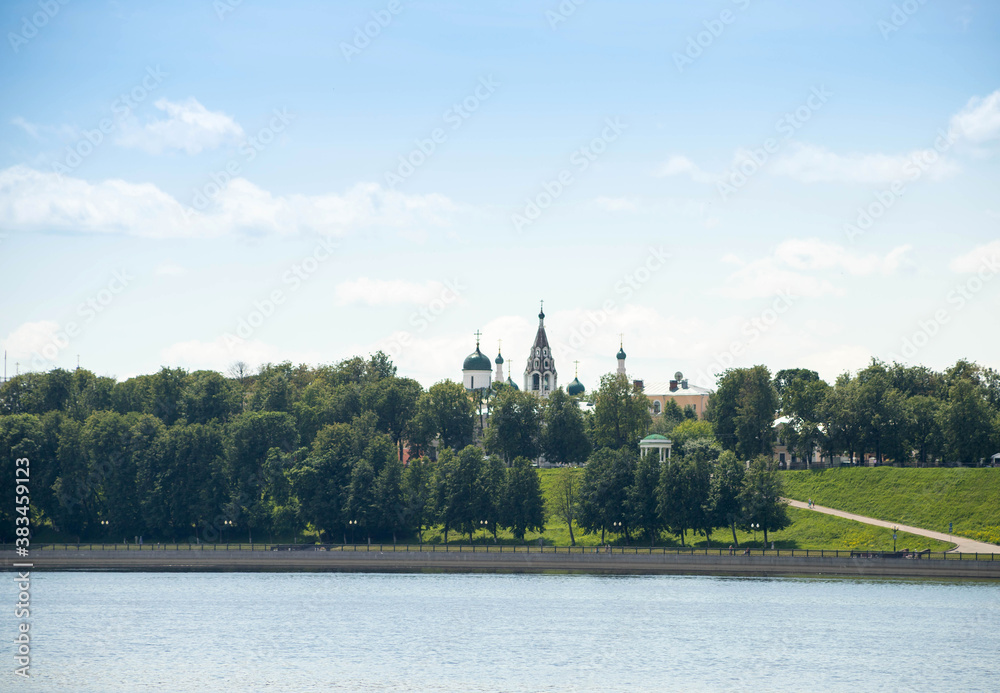 Yaroslavl, Volga embankment, view from the river; historic buildings; Church of St. Nicholas nadeina - the first stone Church in Yaroslavl. Church Of The Nativity. 17th century. Yaroslavl, Volga embankment, view from the river; historic buildings; Church of St. Nicholas nadeina - the first stone Church in Yaroslavl. Church Of The Nativity. 17th century.