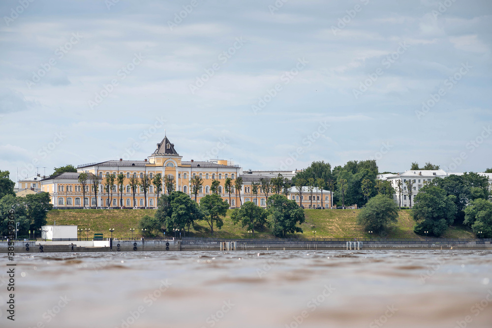 Yaroslavl. Volga embankment, the view from the river. Historical buildings, the building of the school for girls of spiritual rank.