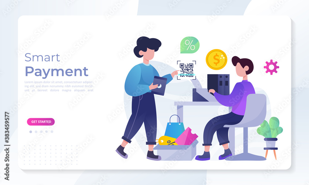 Smart Payment concept, People character transfer money for online shopping on smartphone. Suitable for web landing page, ui, mobile app, banner template. Vector Illustration 