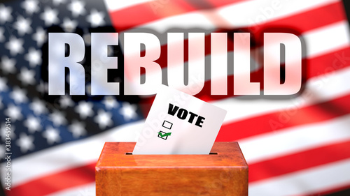 Rebuild and voting in the USA, pictured as ballot box with American flag in the background and a phrase Rebuild to symbolize that Rebuild is related to the elections, 3d illustration photo