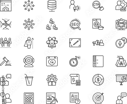business vector icon set such as: paperclip, app, advice, learn, referral, wash, partner, chemistry, household, cog, silhouette, manage, pile, molecule, law, textile, chat, through, dart, judge