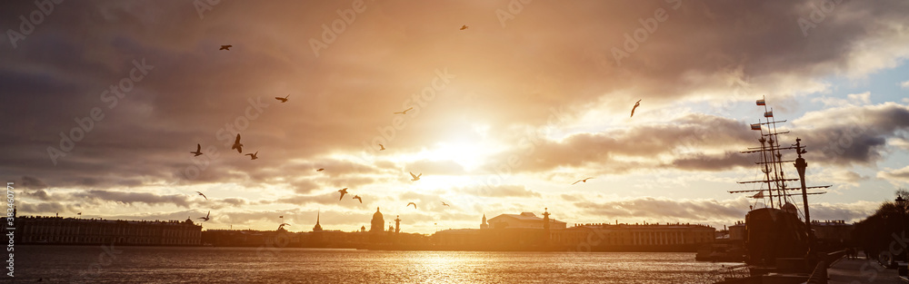Panorama of autumn St. Petersburg at sunset.