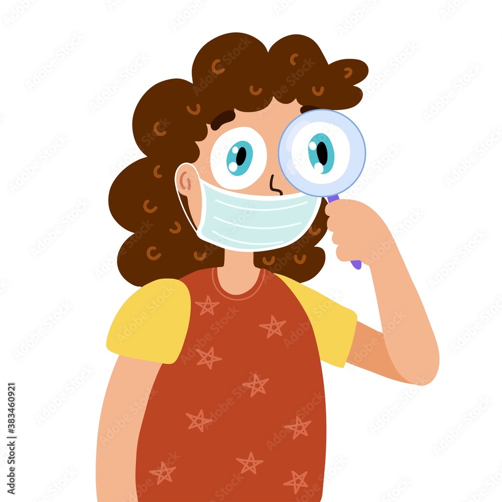 Girl wearing protective medical mask. Kid explorer with magnifier