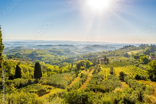 View from town of San Gimignano to valley, Italy
