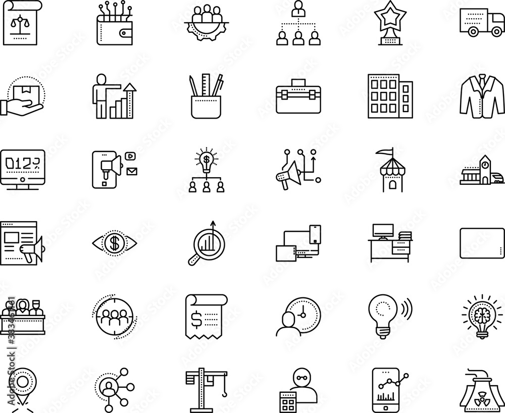 business vector icon set such as: medieval, bookkeeper, sheet, collaboration, focus, room, plan, lines, touchscreen, crane, vehicle, desk, take, circle, text, transaction, wi-fi, desktop, traffic