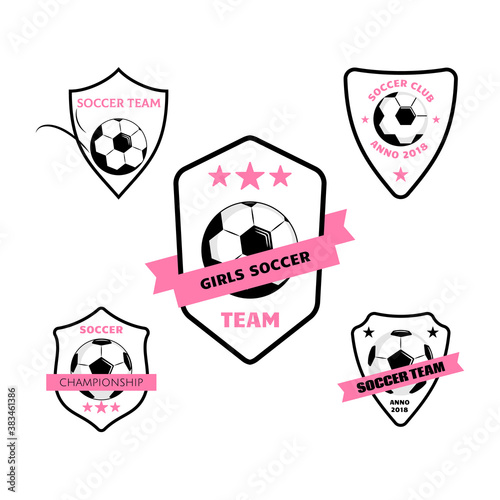 Set of Womens and girls soccer football logo design with ball on shield. Simple vector soccer label or emblem in pink colors. Girls soccer team.