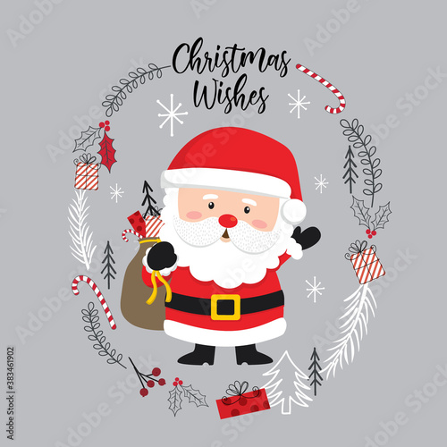 Cute Santa Claus with wreath on silver background, Vector illustration