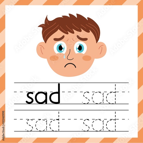 Tracing practice worksheet - word Sad. Learning material for kids. I can write words template