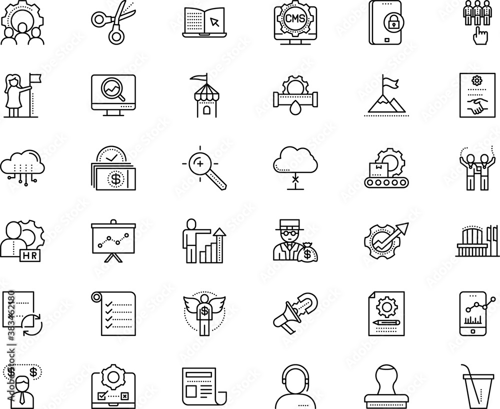 business vector icon set such as: idiom, handshake, insurance, recruitment, unlock, message, holy, post, retail, decline, top, quality, learning, hairdresser, podium, opening, steel, reminder, tech