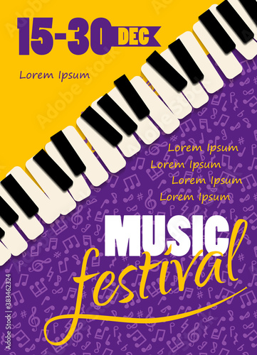 Poster Music festival, vector concept. Bright vertical banner. Layout brochure With piano keys on a purple background.