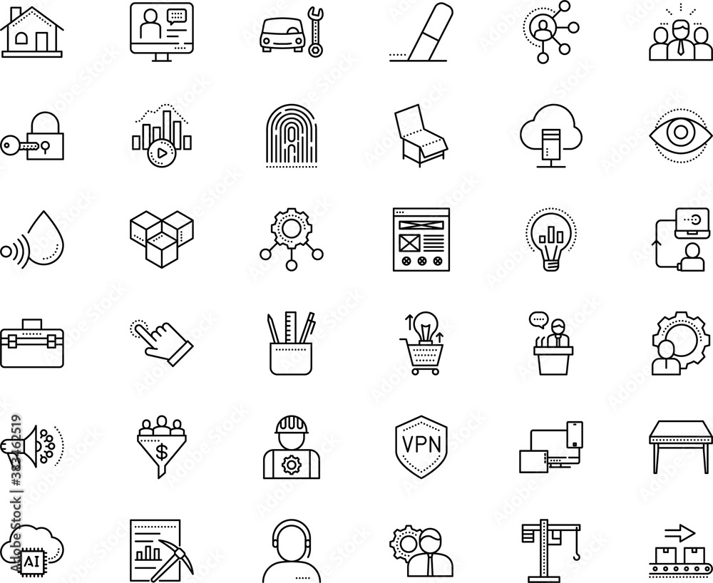 Fototapeta premium business vector icon set such as: infrastructure, elements, web layout, purchase, authentication, builder, over white, rubber, screwdriver, repair man, delivery, talking, cardboard, style, processing