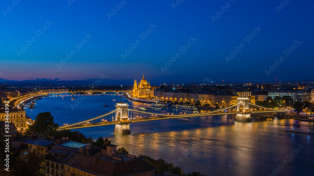 Panoramic view of Budapest cityscape with the Hungarian Parliament at night