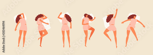 Sleeping girl in different positions top view. Recovery and rest vector set