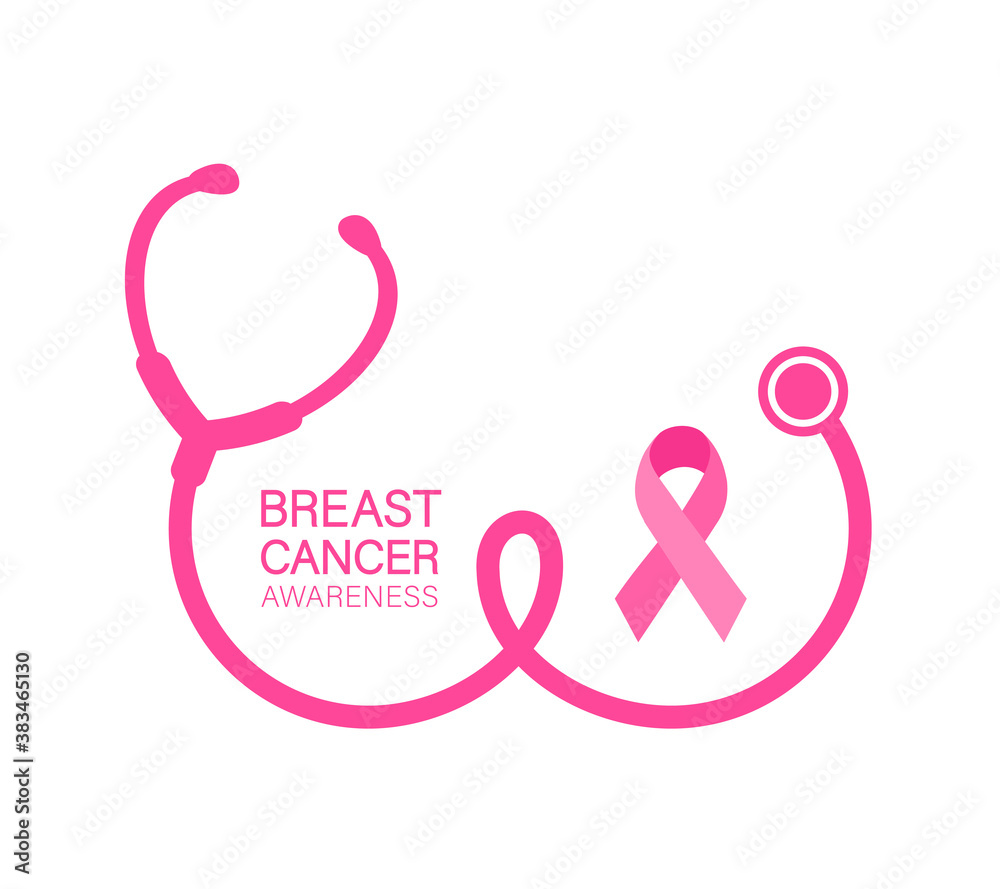 Stethoscope in woman breast shape. Women health care concept. Breast Cancer Awareness Month Campaign. Vector illustration.